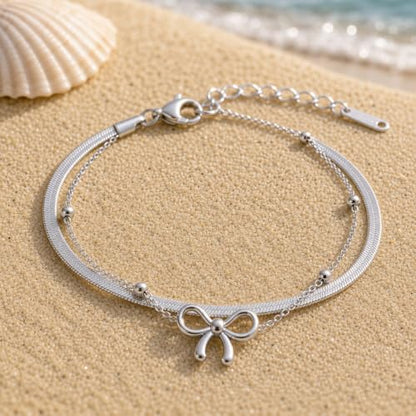 MYAROMA FINDINGS Stainless Steel Anklet for Women, Snake Chain Bow Charm Ankle Bracelet, Gold and Silver Tone Options, PVD Waterproof Non Tarnish Ankle Bracelet