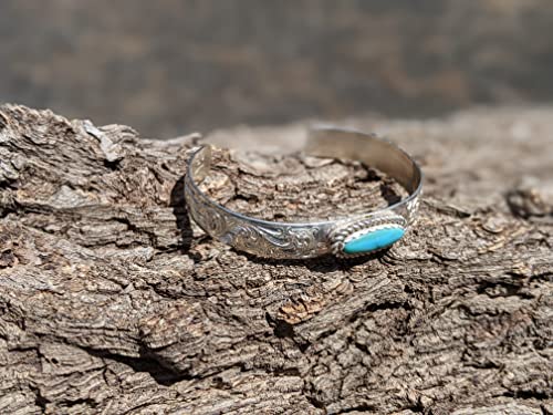 Native American Bracelet, Turquoise Cuff, Sterling Silver Engraved Accents Jewelry, SouthWest Artisans sz 6.75in