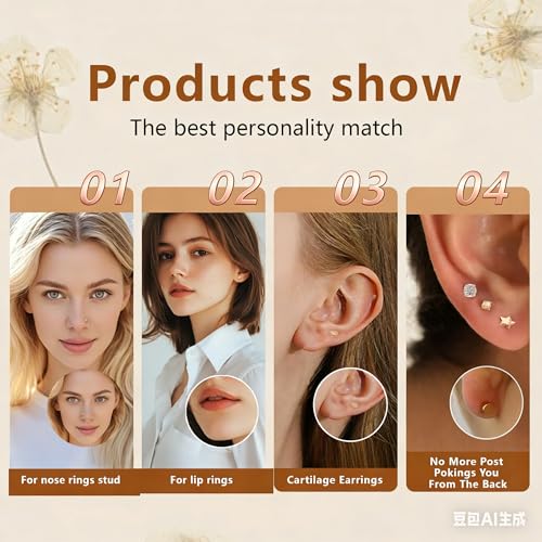 15Pcs 20G/18G/16G Flat Back Push in Stud Earrings 316L Surgical Stainless Threadless nose rings Medusa Piercing Jewelry Hypoallergenic Labret Studs Lip Rings ring for Women Men Be Equipped With Ball Grabber Tool - color: Rose Gold, size: 18G(1.0mm)