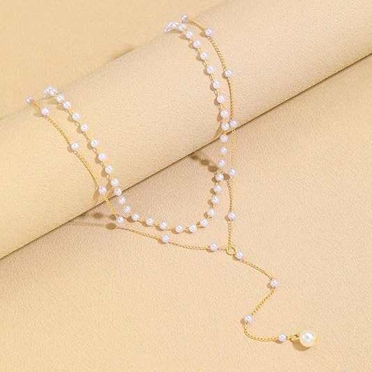 Gold Lariat Necklace for Women Layered Pearl Lariat Necklace Sun Y-shaped Dangle Dainty Long Beaded Cz Chain Drop Minimalist Lasso Jewelry Accessories