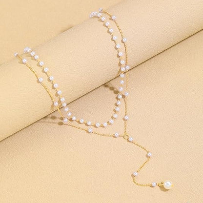 Gold Lariat Necklace for Women Layered Pearl Lariat Necklace Sun Y-shaped Dangle Dainty Long Beaded Cz Chain Drop Minimalist Lasso Jewelry Accessories