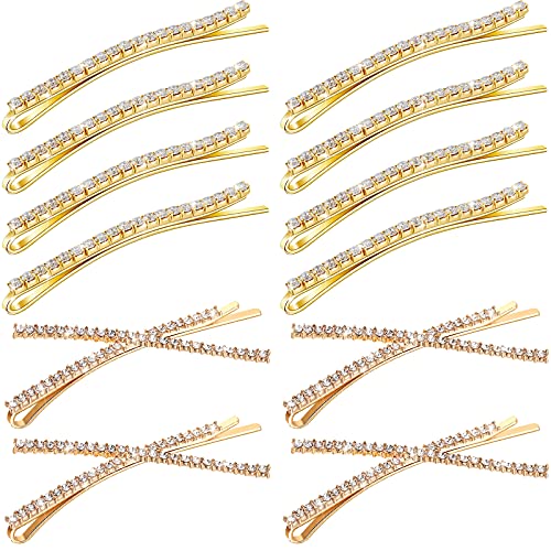 12 Pieces Rhinestone Bobby Pins Decorative Fancy Crystal Hair Clips Shiny Metal X Shaped Barrettes Bling Diamond Wedding Bridal Shower Hair Accessories for Women Ladies Girls (Gold) - color: Gold