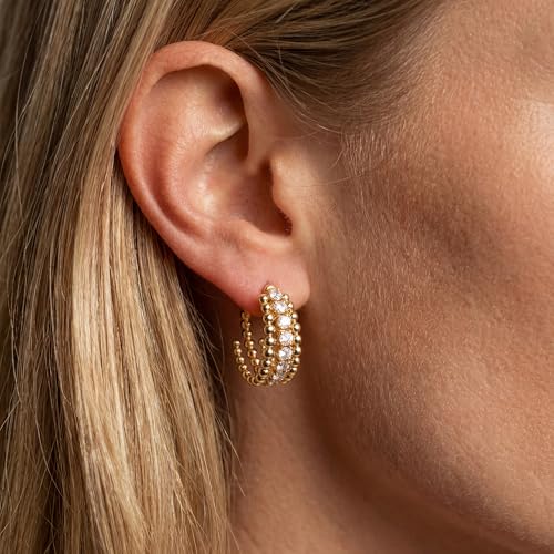 MEVECCO Chunky Huggie Hoop Earrings for Women Starburst Beaded Styles | 18K Gold Plated Brass, Triple Or Single Cubic Zirconia Star Details, Graduated Rounded Profile, Front Stone Row - style: Slit Bead