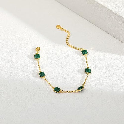 Dainty Gold Bracelets for Women, 18 Gold Plated Adjustable Evil Eye/Butterfly/Beaded/Pearl/Heart/Turquoise Handmade Bracelet for Women - style: Emerald