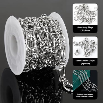 UMAOKANG 2 Meters Stainless Steel Jewelry Chains Bulk Thick Oval Link Chain | Strong Metal Chain for Jewelry Making Men and Women Jewelry DIY Supplies Findings - color: Rolo (Steel)