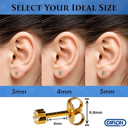 Caflon 16G CZ Sterile Piercing Studs, Hypoallergenic, 3/4/5mm, 12 Pack | FDA & EC compliant piercing studs. Nickel-safe, sterile-packaged, secure butterfly backs, tarnish-resistant finish. - size: 3mm, style: 24K Gold Plated