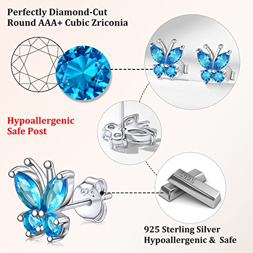 Bestyle Gold Butterfly Earrings for Women, Dainty Cute Birthstone Studs Hypoallergenic Jewelry, Great Birthday Gift - style: 12.December (Blue Topaz)-STUD