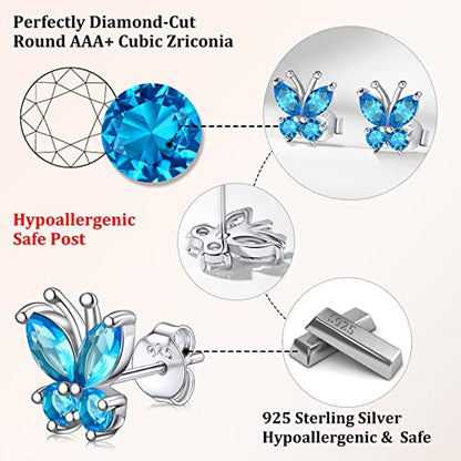 Bestyle Gold Butterfly Earrings for Women, Dainty Cute Birthstone Studs Hypoallergenic Jewelry, Great Birthday Gift - style: 12.December (Blue Topaz)-STUD