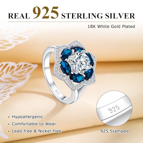 Flower Cocktail Ring for Women Stone Engagement Anniversary Rings | Sterling Silve|Hypoallergenic|Ruby|Sapphire|Emerald|Wedding and Birthday Party Women Statement Ring|Mother and Grandma Gift - color: London Blue Topaz (Dec.)
