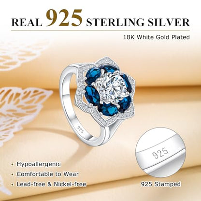 Flower Cocktail Ring for Women Stone Engagement Anniversary Rings | Sterling Silve|Hypoallergenic|Ruby|Sapphire|Emerald|Wedding and Birthday Party Women Statement Ring|Mother and Grandma Gift - color: London Blue Topaz (Dec.)