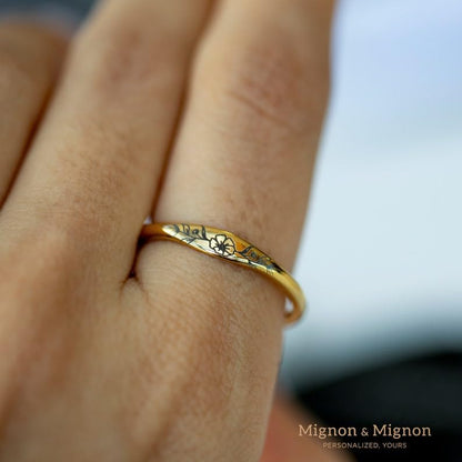 Birth Month Flower Rings for Women, Silver Plated Birth Month Flower Ring | Custom engraved ring is a gift for mom in tarnish-resistant stainless steel. Stack bands by birth month flower, name or text.