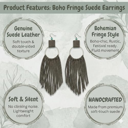 Handmade Genuine Leather Earrings for Women – Long Teardrop Boho Dangles, Lightweight Statement Fashion Jewelry - style: Wasterfall - Grayish Green