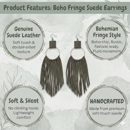Handmade Genuine Leather Earrings for Women – Long Teardrop Boho Dangles, Lightweight Statement Fashion Jewelry - style: Wasterfall - Grayish Green