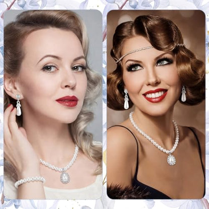 Glenmal Pearl Rhinestone Jewelry Set for Women Pearl Necklace Bracelet Earrings for Wedding Halloween Bridal Shower Tea Party - style: Refined Style
