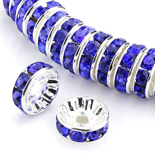 Allb 100Pcs Rondelle Spacer Beads 8mm Silver Plated Czech Crystal Rhinestone for Jewelry Making Loose Beads for Bracelets - color: blue, size: 8mm