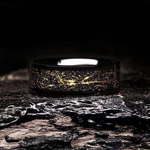 King Will Mens Wedding Band with Foils Inlay, Black/Silver/Gold Beveled Edge Glowstone Ring, 6mm/8mm Tungsten Carbide Rings Comfort Fit - color: Pipe Cut-Black&Gold-8mm