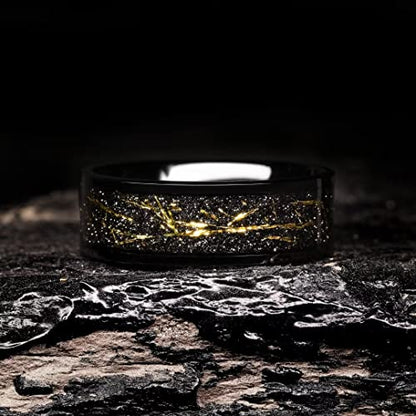 King Will Mens Wedding Band with Foils Inlay, Black/Silver/Gold Beveled Edge Glowstone Ring, 6mm/8mm Tungsten Carbide Rings Comfort Fit - color: Pipe Cut-Black&Gold-8mm