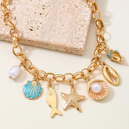 Gold Ocean Beach Charm Anklet for Women Boho Starfish Seashell Pearl Fish Pendant Adjustable Ankle Bracelet Summer Beach Vacation Jewelry Gift