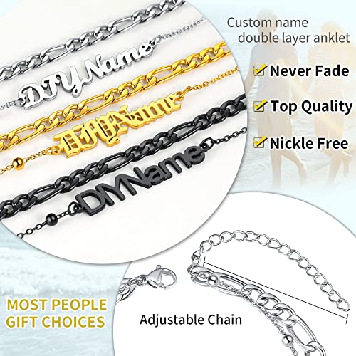ChainsHouse Double Layer Anklet Bracelet for Women,Adjustable Chain Anklets Stackable Dainty Anklets,Stainless Steel/Gold Plated/Black Ankle Jewelry Gifts - color: A-Silver-Figaro Chain