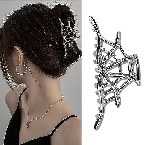 Spider Web Alloy Hair Claw Clips, 1Pcs Silver Punk & Y2K-Style Hair Accessory for Thin Hair - color: Silver Spider Web