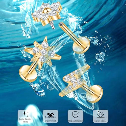 limerencia Titanium Internally Threaded Flat Back Earrings, 3 Pcs Implant Grade Hypoallergenic Studs, 18G Tragus Helix Conch Cartilage Piercing Jewelry for Sensitive Ears Women Men, Gold/Silver - color: Gold-Vibe B
