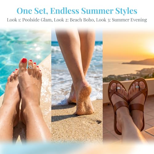 12 Pack Adjustable Toe Rings for Women, Plated Toe Ring Set, Summer Beach Open Toe Rings with Flower Arrow Tail Designs, Barefoot Foot Jewelry and Pinky Rings