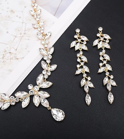 CSY Elegant Bridal Jewelry Sets Wedding Prom Homecoming Gown Accessories | Austrian Marquise Crystal Wedding Necklace Dangle Earrings Tennis Bracelet Ring Set for Bride Women Costume Accessories - color: white crystal-gold tone