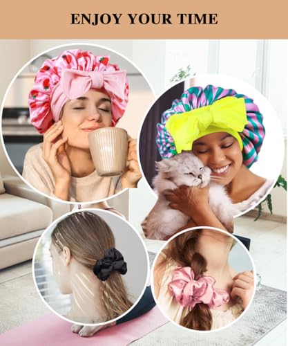 2+3 Large Satin Bonnets with Scrunchies for Women, Hair Bonnet Sleeping Tie Bonnet for Braids Curly Hair - color: K - Strawberry Pink, Stripes