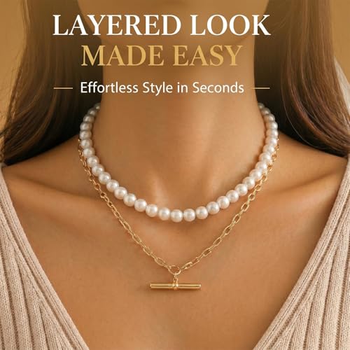 Layered Necklaces for Women Pearl Necklace Stack Gold T Bar Necklace Set Dainty Heart Pendant Jewelry Trendy 2026 Fashion Accessories Gifts - color: A9:2pcs-gold-10mm