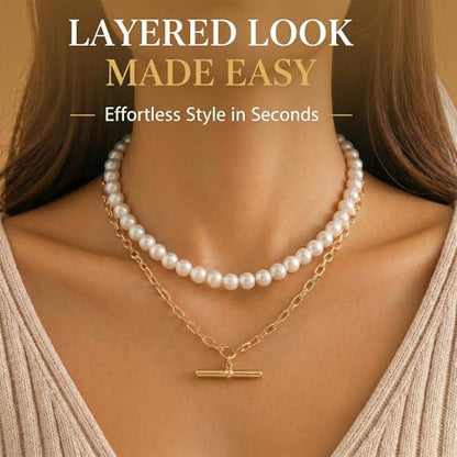 Layered Necklaces for Women Pearl Necklace Stack Gold T Bar Necklace Set Dainty Heart Pendant Jewelry Trendy 2026 Fashion Accessories Gifts - color: A9:2pcs-gold-10mm