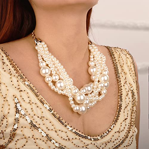 Wiwpar 2PCS Large Chunky Statement Faux Pearl Bib Choker Necklace and Earring Set for Party Wedding Ladies - color: white