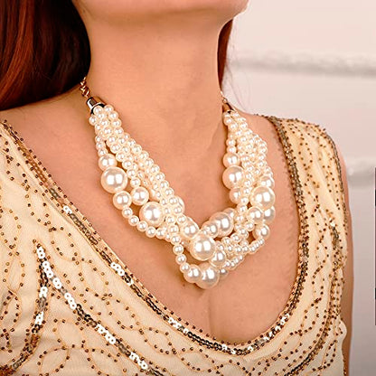 Wiwpar 2PCS Large Chunky Statement Faux Pearl Bib Choker Necklace and Earring Set for Party Wedding Ladies - color: white