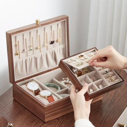 Black Walnut Wooden Jewelry Box for Women with Removable Tray | 2 Layer, Removable Tray, For Watches Rings Earrings Necklace Bracelets, Jewelry Organizer - style: 2 Layer A