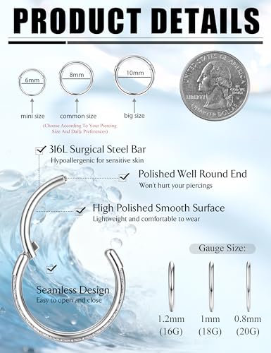 FASACCO 20G 18G 16G Cartilage Hoop Earring 316L Surgical Steel Silver Huggie Hoop Earrings Hypoallergenic Hinged Segment Rings Septum Nose Hoops Daith Conch Helix Tragus Piercing Jewelry 6mm/8mm/10mm - style: Silver2-16G-10MM
