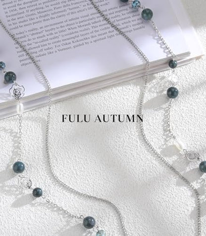 FULU AUTUMN Long Layered Silver Necklaces for Women - Natural Stone and Dainty Flower Beaded Sweater Chain Fashion Jewelry Gifts - color: Green