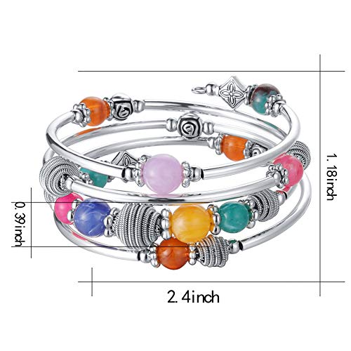 PEARL&CLUB Beaded Chakra Bangle Turquoise Bracelet - Fashion Jewelry Wrap Bracelet with Thick Silver Metal and Mala Beads, Birthday Gifts For Women - color: Colorful