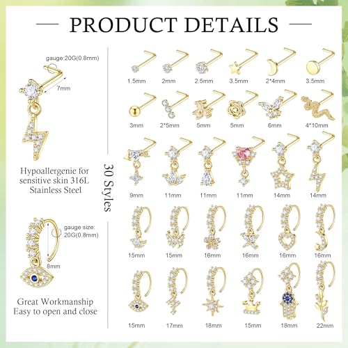 WAINIS 30Pcs 20G Dangle Nose Ring for Women 14K Golden Silver Plated | L Shaped Dangling Nose Stud,Surgical Steel Nose Ring Studs,Dainty Flower Heart Moon Star Dangle Rings Hoops Nose Piercing - color: gold2