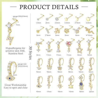 WAINIS 30Pcs 20G Dangle Nose Ring for Women 14K Golden Silver Plated | L Shaped Dangling Nose Stud,Surgical Steel Nose Ring Studs,Dainty Flower Heart Moon Star Dangle Rings Hoops Nose Piercing - color: gold2