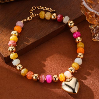 Resin Chunky Colorful Beaded Necklace | Adjustable Boho Statement Necklace,Summer Beach Party Jewelry - color: Heart+Colorful