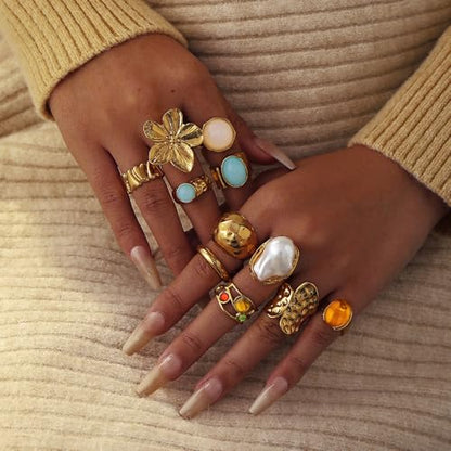 Chunky Gold Rings for Women Non Tarnish, Baroque Pearl Flower Tiger's Eye Stone Rings Adjustable Stacking Statement Rings Set Fashion Jewelry Gifts