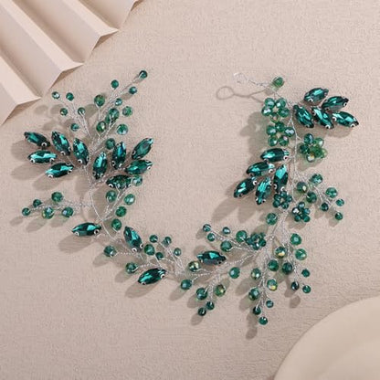 Teyglen Green Crystal Bride Flower Wedding Hair Vine Handmade Rhinestone Headband Bridal Head Piece for Women Party Prom Headpiece Sparkly Rhinestone Hair Accessories (Peacock Green) - color: Peacock Green