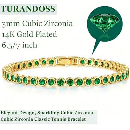 Tennis Bracelets for Women Teen Girls, Gold Jewelry | 3mm Cubic Zirconia, Dainty & Classic Tennis Bracelets, 14K Gold Plated, Adjustable Bracelet for Wrist Essentials - color: Emerald Green 6.5 Inch