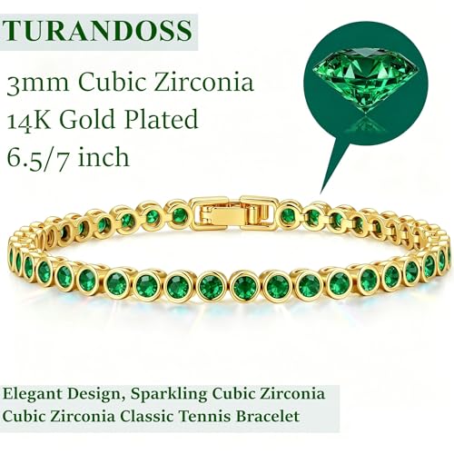 Tennis Bracelets for Women Teen Girls, Gold Jewelry | 3mm Cubic Zirconia, Dainty & Classic Tennis Bracelets, 14K Gold Plated, Adjustable Bracelet for Wrist Essentials - color: Emerald Green 7 Inch