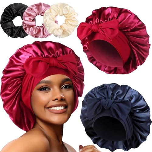 2+3 Large Satin Bonnets with Scrunchies for Women, Hair Bonnet Sleeping Tie Bonnet for Braids Curly Hair - color: G - Wine Red, Navy
