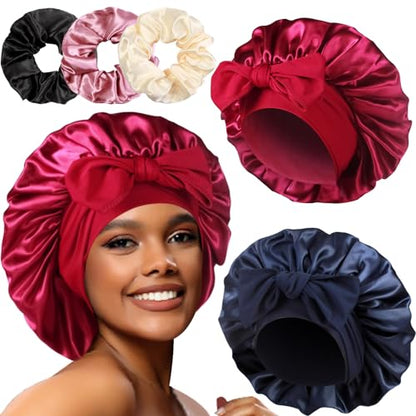 2+3 Large Satin Bonnets with Scrunchies for Women, Hair Bonnet Sleeping Tie Bonnet for Braids Curly Hair - color: G - Wine Red, Navy