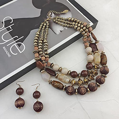 Bocar 3 Layer Chunky Statement Beaded Necklace and Earrings Set, Fashion Multi Layer Women Collar Necklace Jewelry Set - color: Brown
