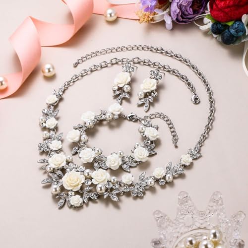 EVER FAITH Costume Jewelry Crystal Simulated Pearl Rose Flower Leaf Prom Party Statement Necklace Earrings Bracelet Set for Women - color: Clear Silver-Tone