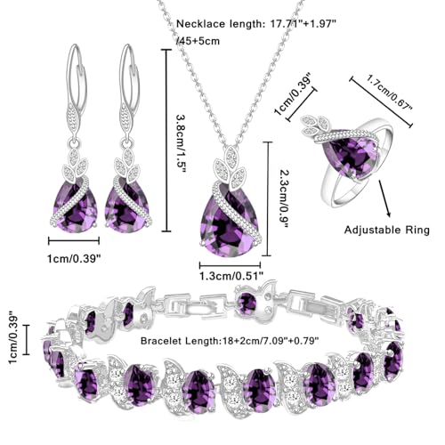 LMXXVJ Jewelry Set for Women,Teardrop Cubic Zirconia Necklace Earrings Adjustable Ring Bracelet Jewelry Set Formal Jewelry Gift - color: SYSD-White Gold-Purple