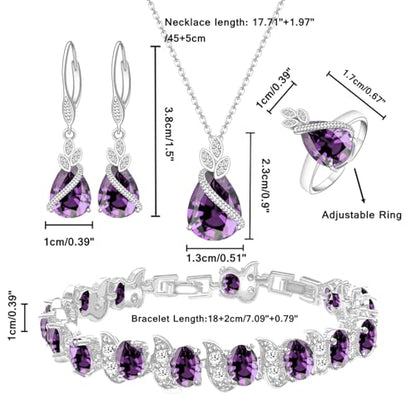 LMXXVJ Jewelry Set for Women,Teardrop Cubic Zirconia Necklace Earrings Adjustable Ring Bracelet Jewelry Set Formal Jewelry Gift - color: SYSD-White Gold-Purple
