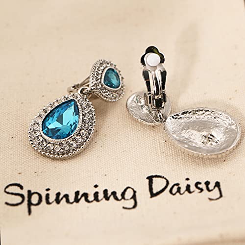 Spinningdaisy Clip On Earrings for Women | Non Pierced Earrings for Wedding - color: Tear Drop Aqua